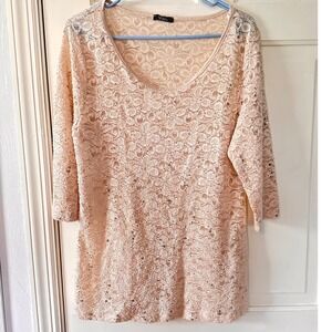VTG Deb Lace Top Sequin Detail‎ 3/4 Sleeve Elegant Party Sequins Pink Size L-XL